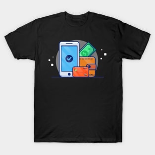 Hand Phone, Wallet, Bank Card And Money Cartoon T-Shirt